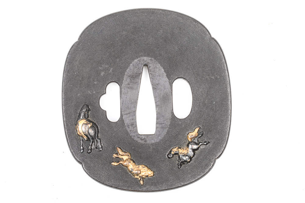 Antique Japanese Tsuba Sword Guard with Horses