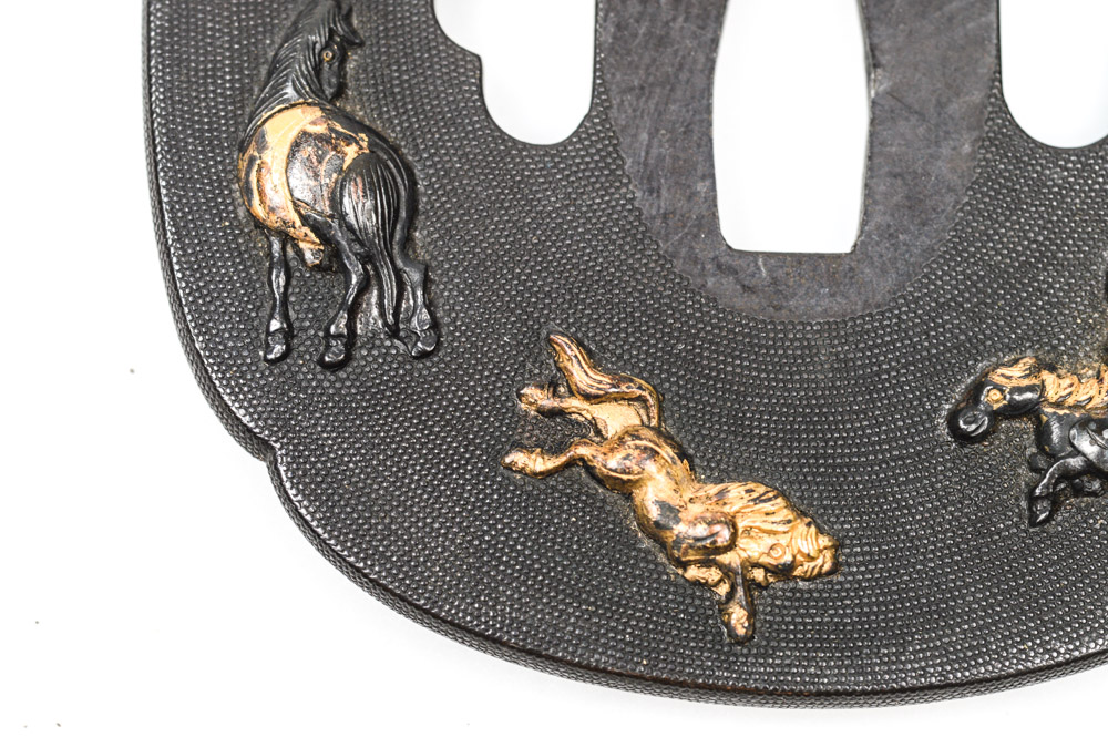 Antique Japanese Tsuba Sword Guard with Horses