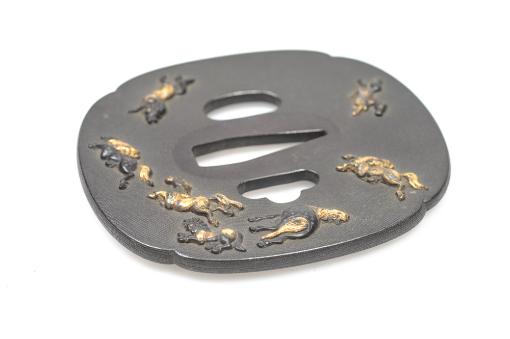 Antique Japanese Tsuba Sword Guard with Horses