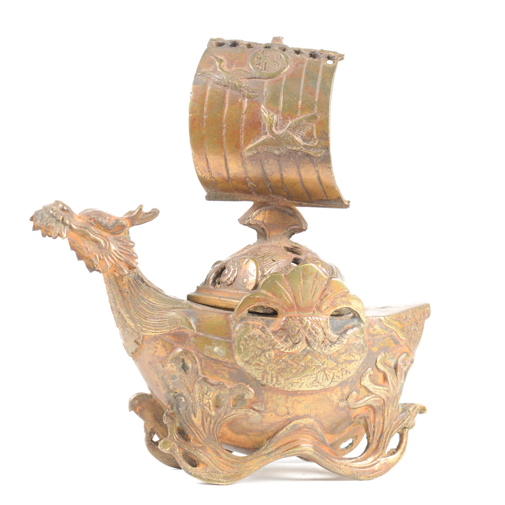 Antique Chinese Brass Dragon Incense Burner