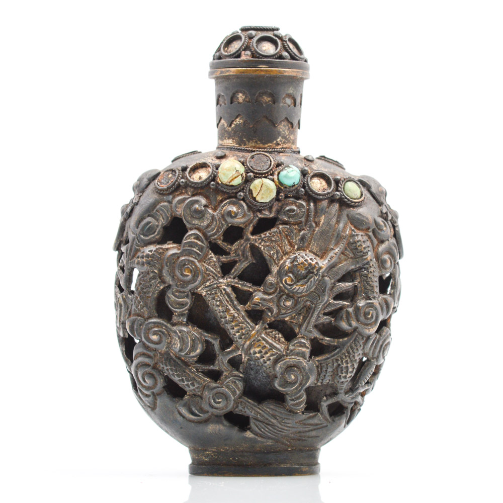 Antique Chinese Brass and Turquoise Snuff Bottle