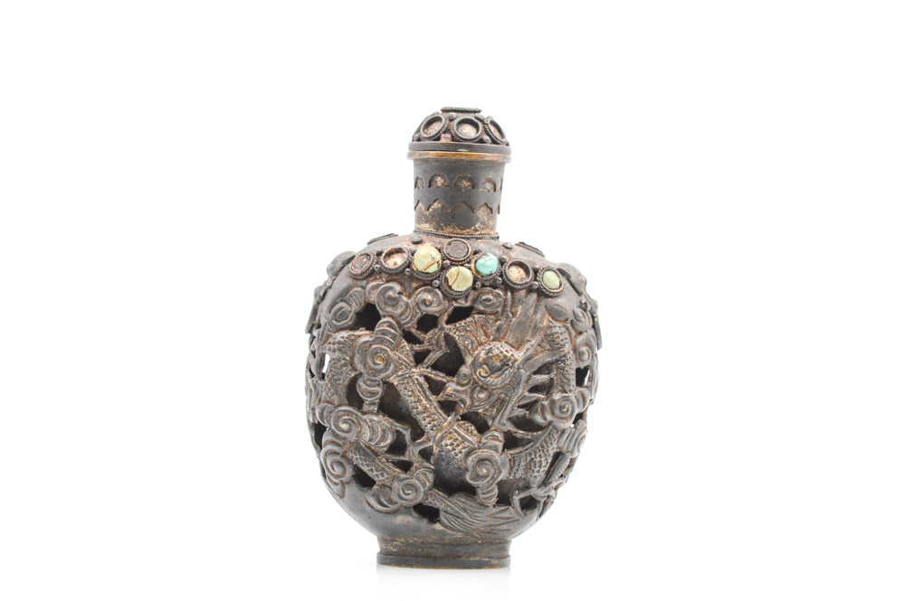 Antique Chinese Brass and Turquoise Snuff Bottle