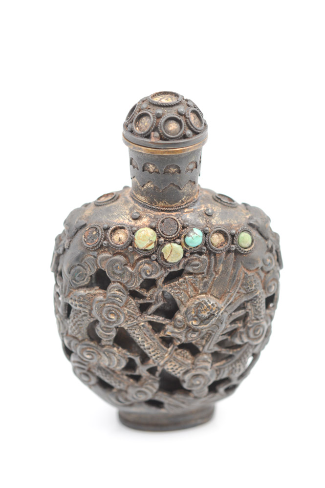 Antique Chinese Brass and Turquoise Snuff Bottle