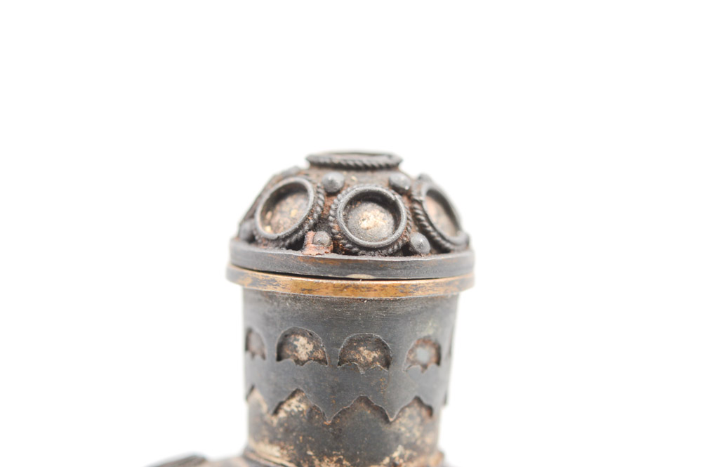 Antique Chinese Brass and Turquoise Snuff Bottle