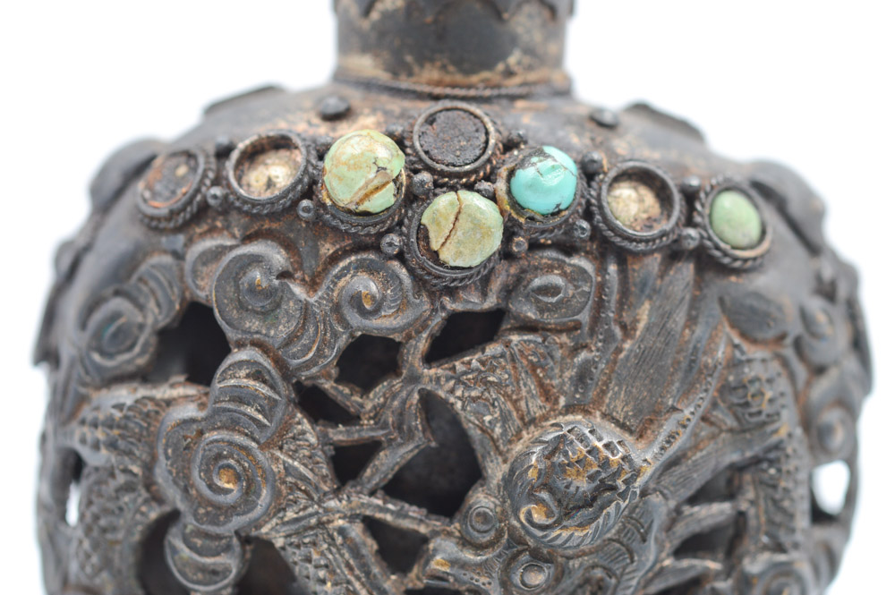 Antique Chinese Brass and Turquoise Snuff Bottle