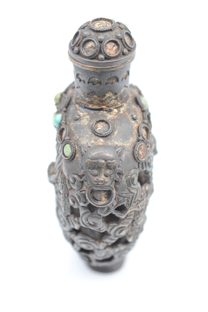 Antique Chinese Brass and Turquoise Snuff Bottle