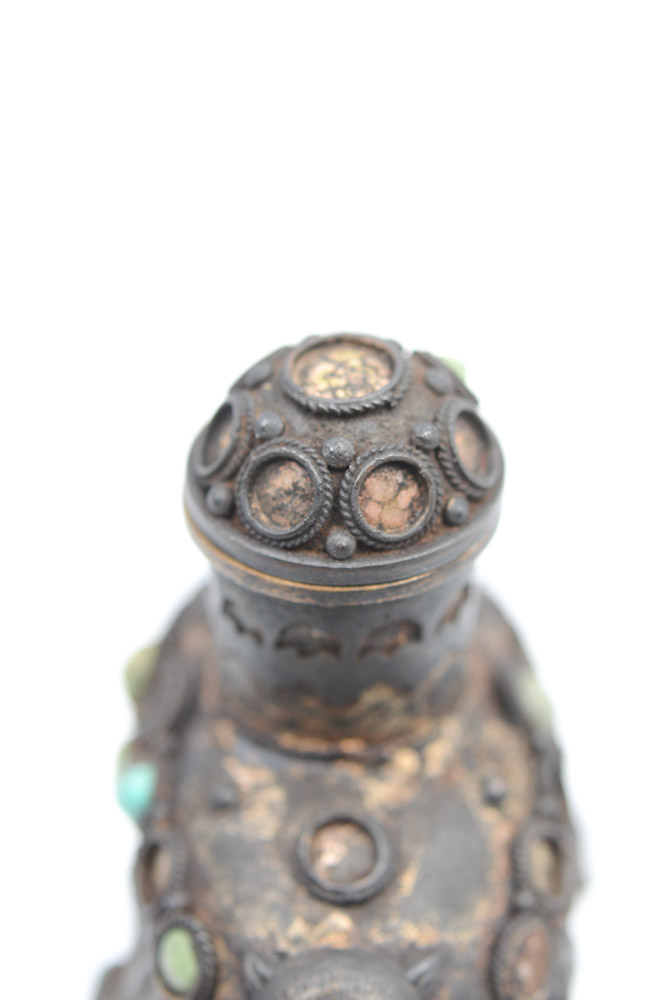 Antique Chinese Brass and Turquoise Snuff Bottle