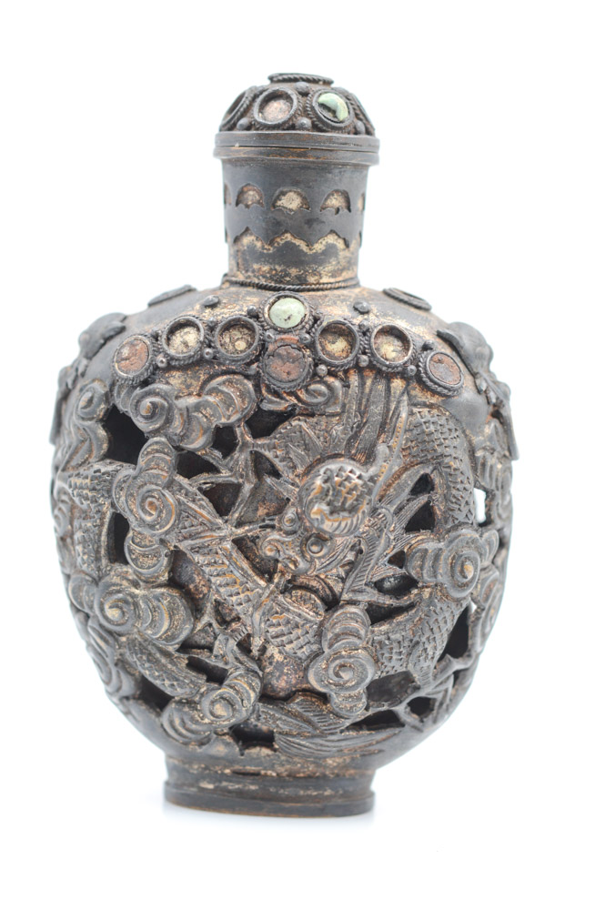 Antique Chinese Brass and Turquoise Snuff Bottle