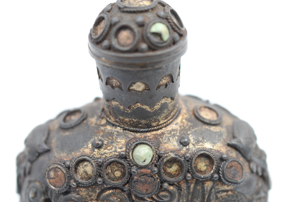 Antique Chinese Brass and Turquoise Snuff Bottle