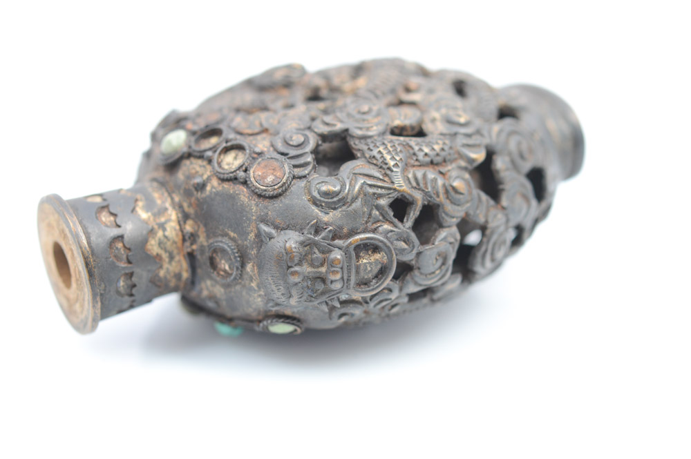 Antique Chinese Brass and Turquoise Snuff Bottle