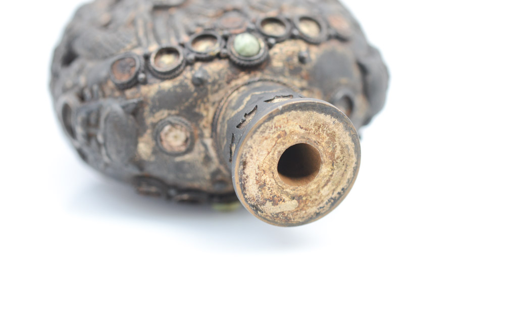 Antique Chinese Brass and Turquoise Snuff Bottle