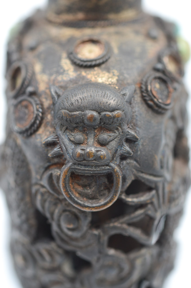 Antique Chinese Brass and Turquoise Snuff Bottle