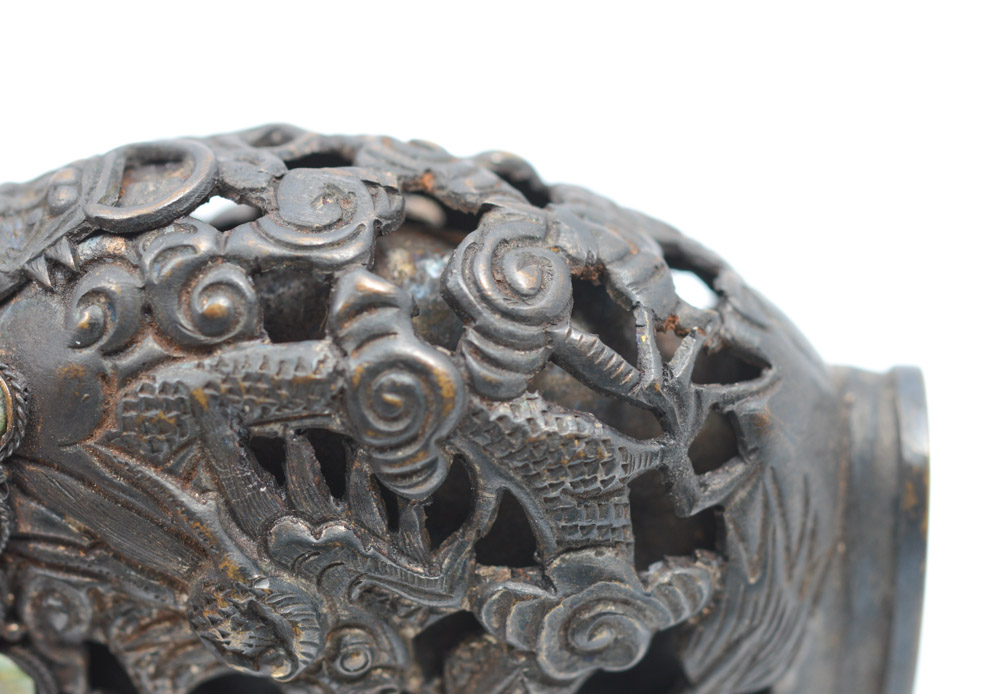 Antique Chinese Brass and Turquoise Snuff Bottle