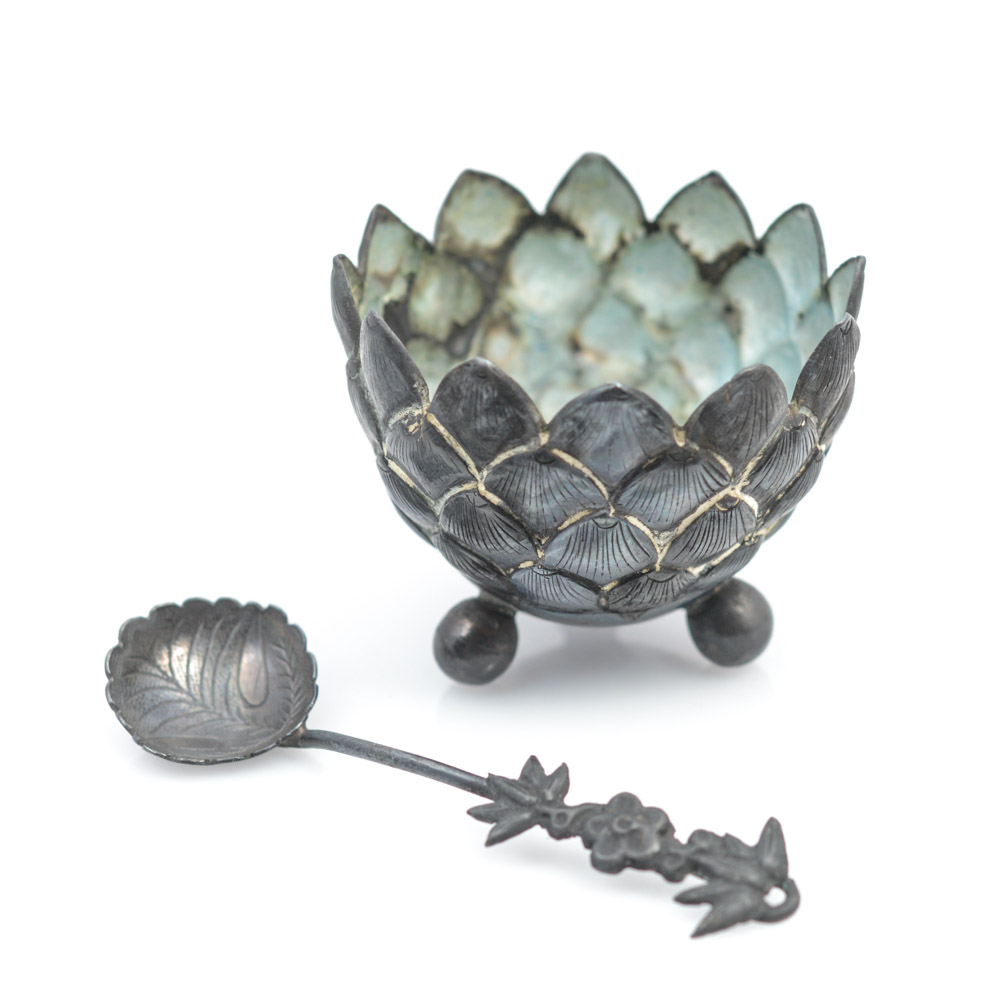 Antique Chinese Bronze Lotus-Shaped Bowl and Spoon