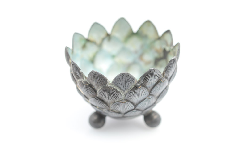 Antique Chinese Bronze Lotus-Shaped Bowl and Spoon