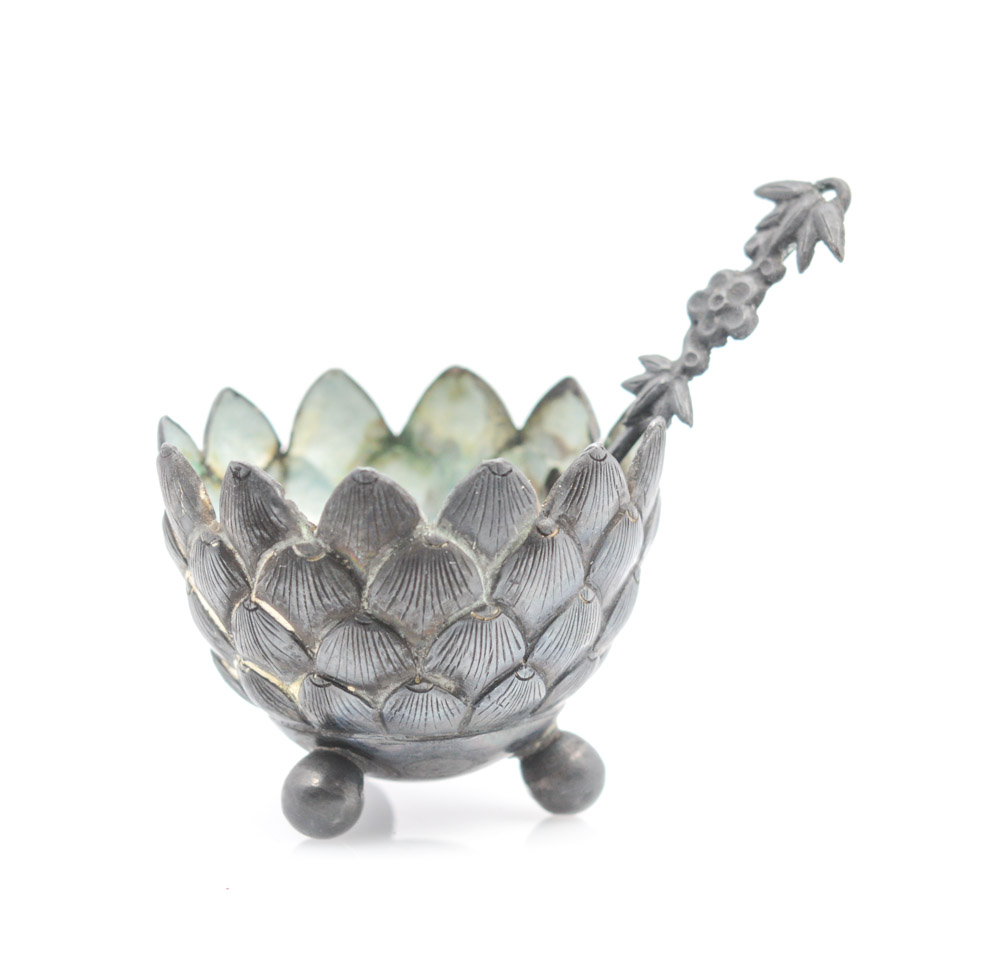 Antique Chinese Bronze Lotus-Shaped Bowl and Spoon