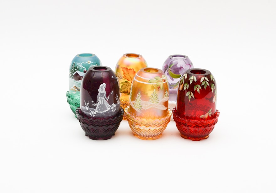 Fenton Hand Painted Candle Holders Featuring Carnival Glass