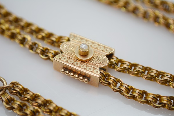 Antique Victorian 14K Yellow Gold Handmade Pocket Watch Chain With 14K Rose Gold Seed Pearl Slide