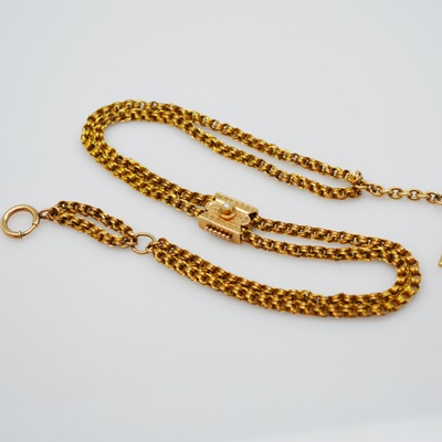 Antique Victorian 14K Yellow Gold Handmade Pocket Watch Chain With 14K Rose Gold Seed Pearl Slide