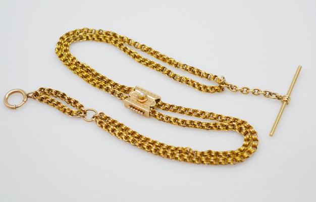 Antique Victorian 14K Yellow Gold Handmade Pocket Watch Chain With 14K Rose Gold Seed Pearl Slide