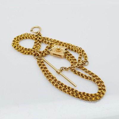 Antique Victorian 14K Yellow Gold Handmade Pocket Watch Chain With 14K Rose Gold Seed Pearl Slide