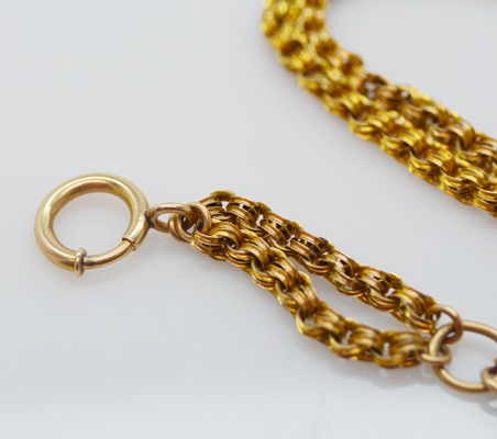 Antique Victorian 14K Yellow Gold Handmade Pocket Watch Chain With 14K Rose Gold Seed Pearl Slide
