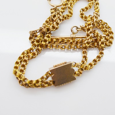 Antique Victorian 14K Yellow Gold Handmade Pocket Watch Chain With 14K Rose Gold Seed Pearl Slide