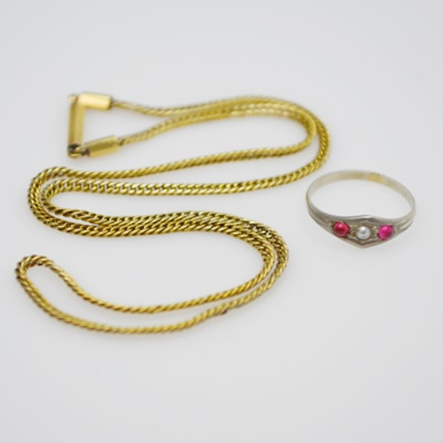 Victorian 14K Yellow Gold Baby Necklace and 10K White Gold Synthetic Ruby and Natural Pearl Baby Ring