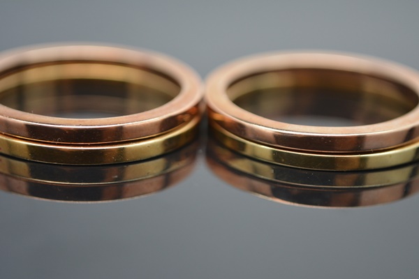 Two 10K Rose and Two 10K Green Gold Slim Rings