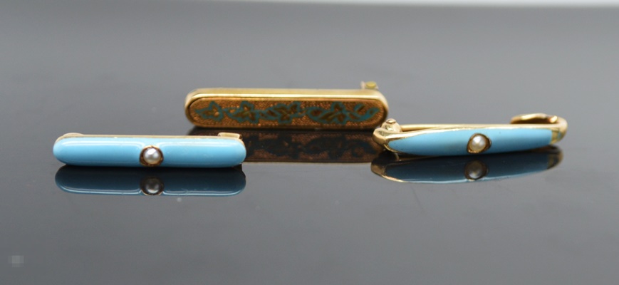 Three 14K Yellow Gold Cultured Pearl and Enamel Lingerie Pins