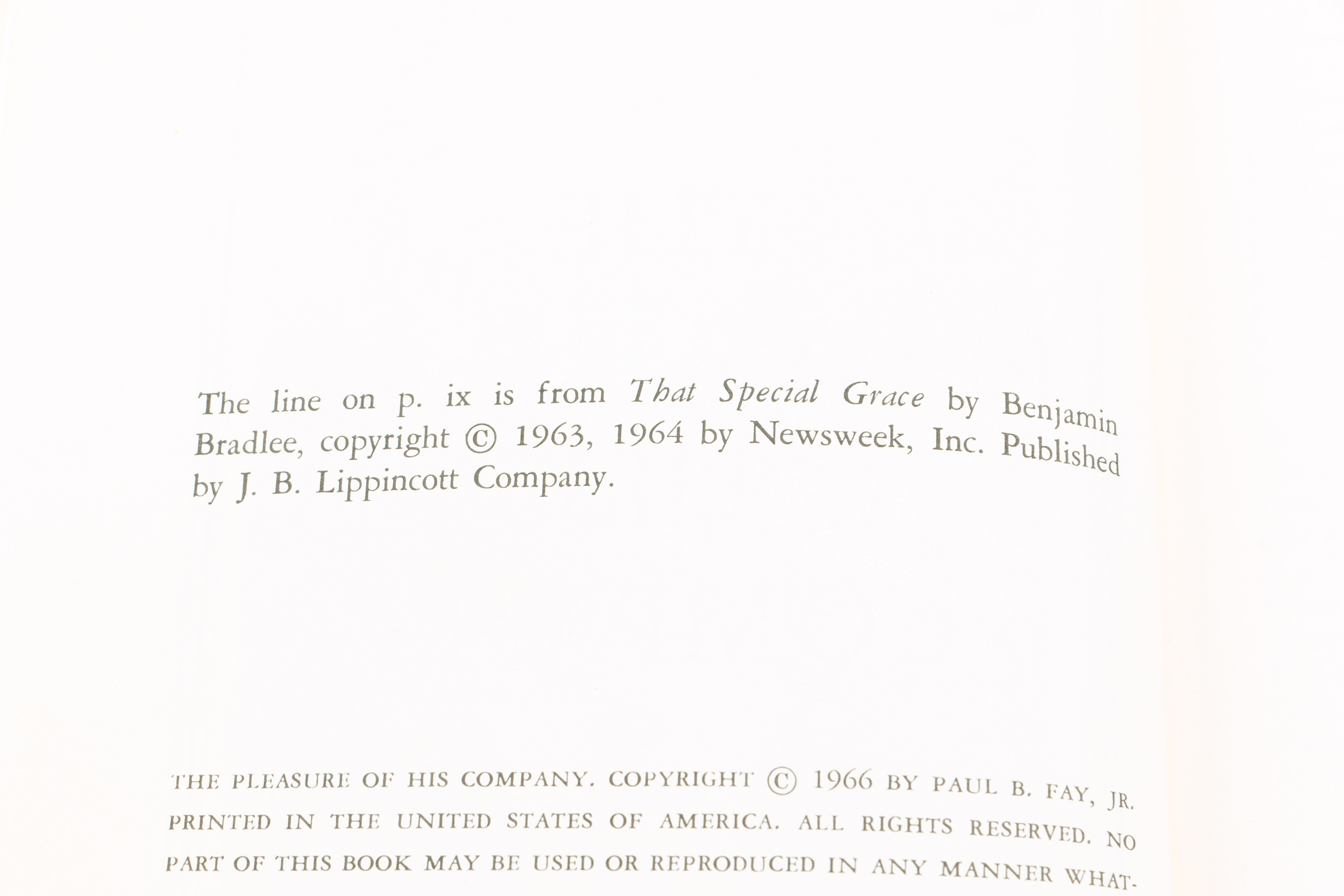 1966 First Edition "The Pleasure of His Company" by Paul B. Fay, Jr.