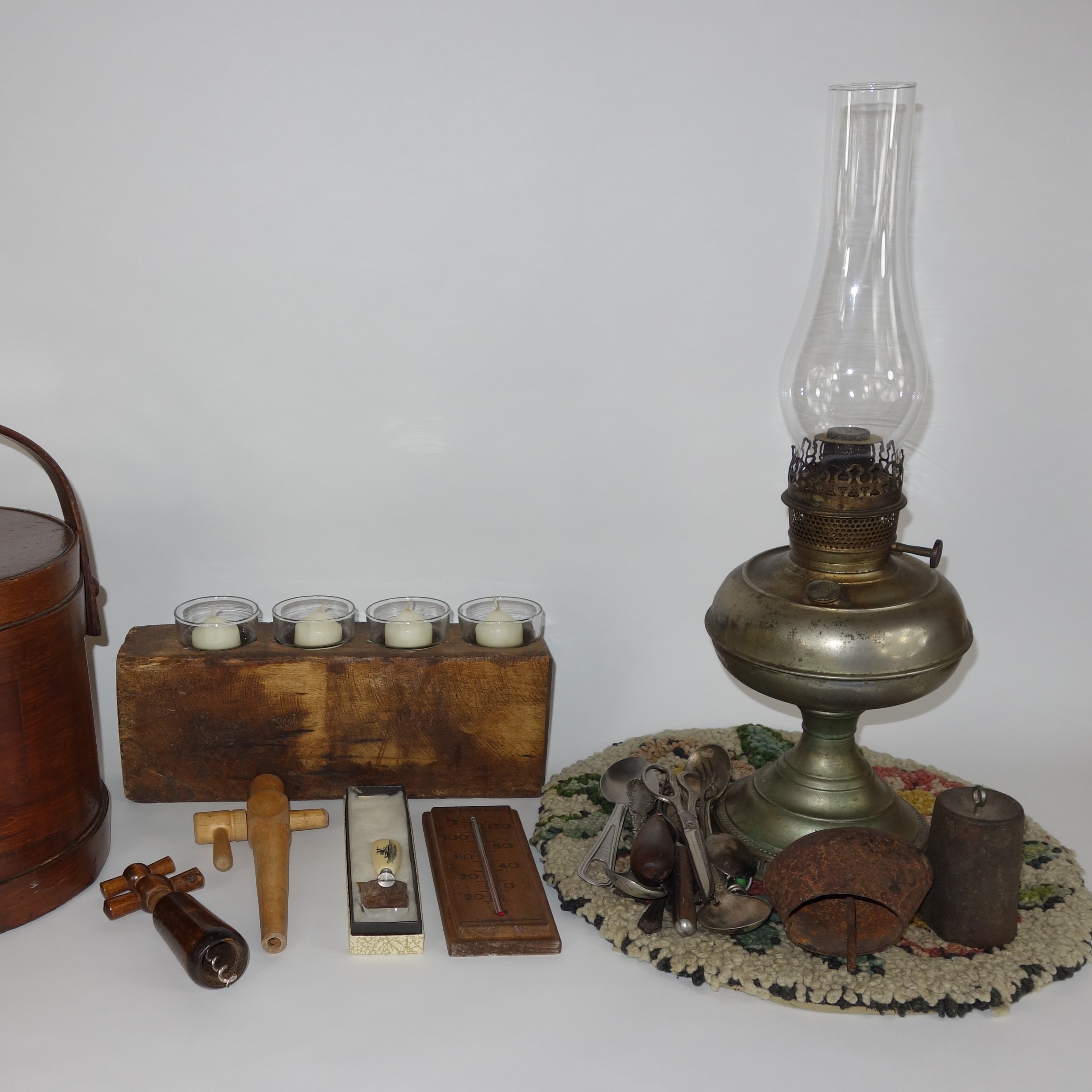 Rayo Brass Oil Lamp, Firkin Sugar Bucket and Decor