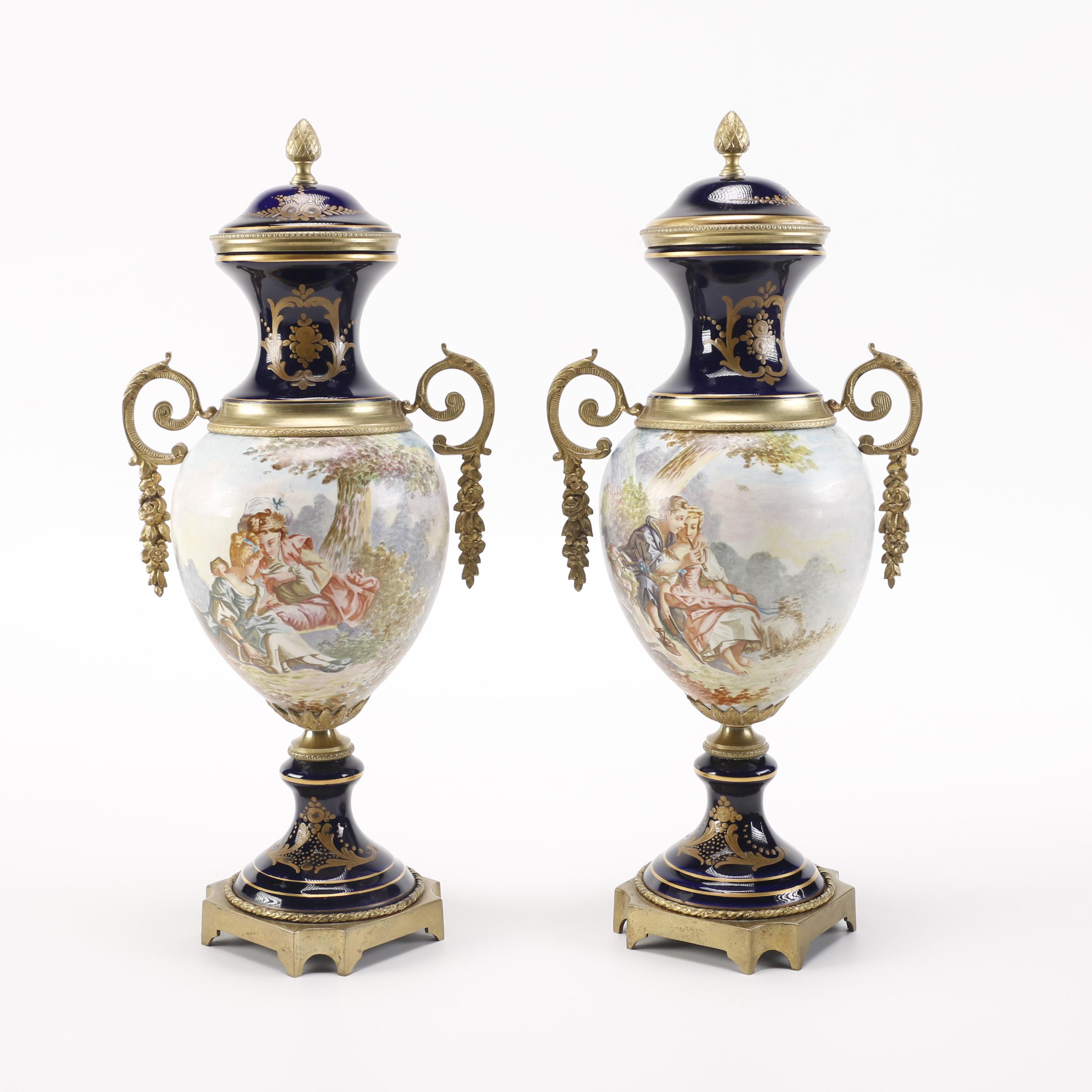 Pair of Reproduction Mounted Hand-Painted Porcelain French Urns