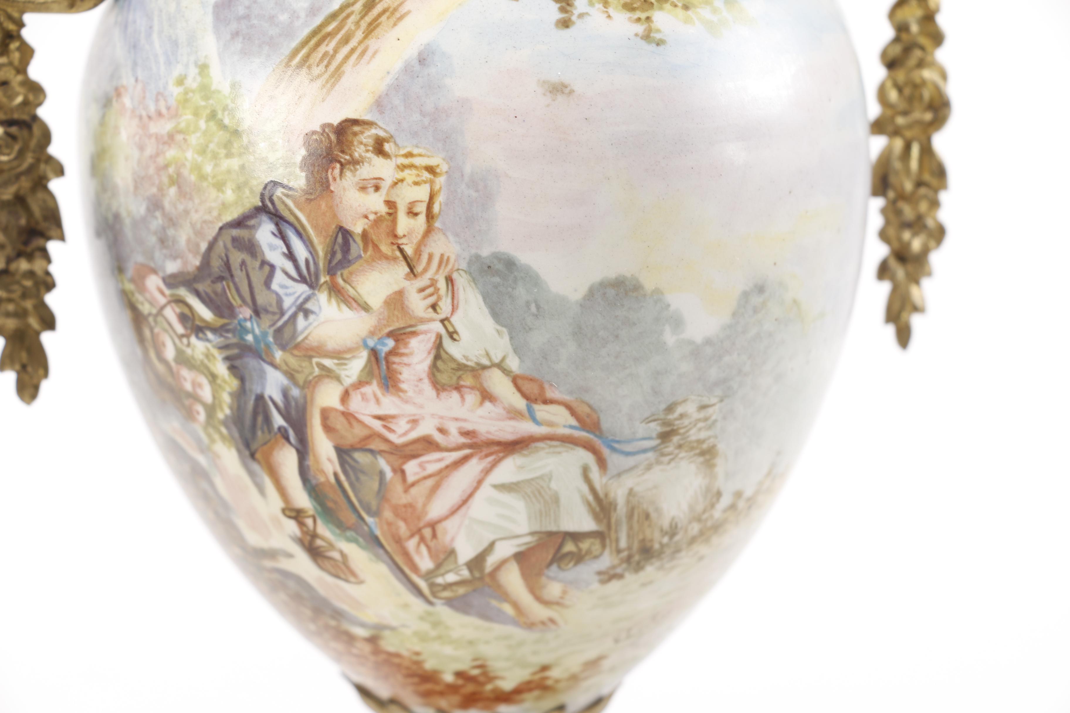 Pair of Reproduction Mounted Hand-Painted Porcelain French Urns