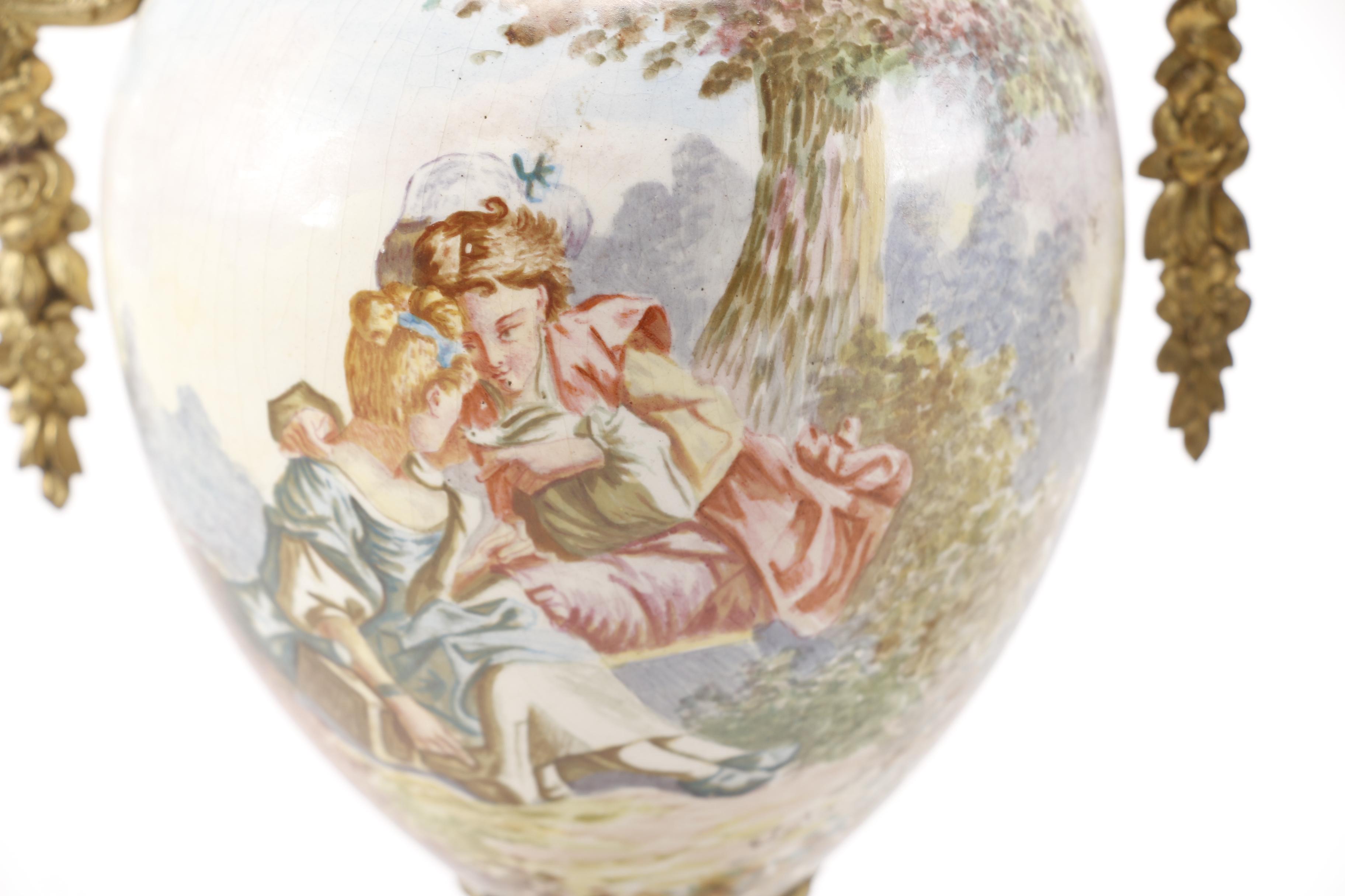 Pair of Reproduction Mounted Hand-Painted Porcelain French Urns