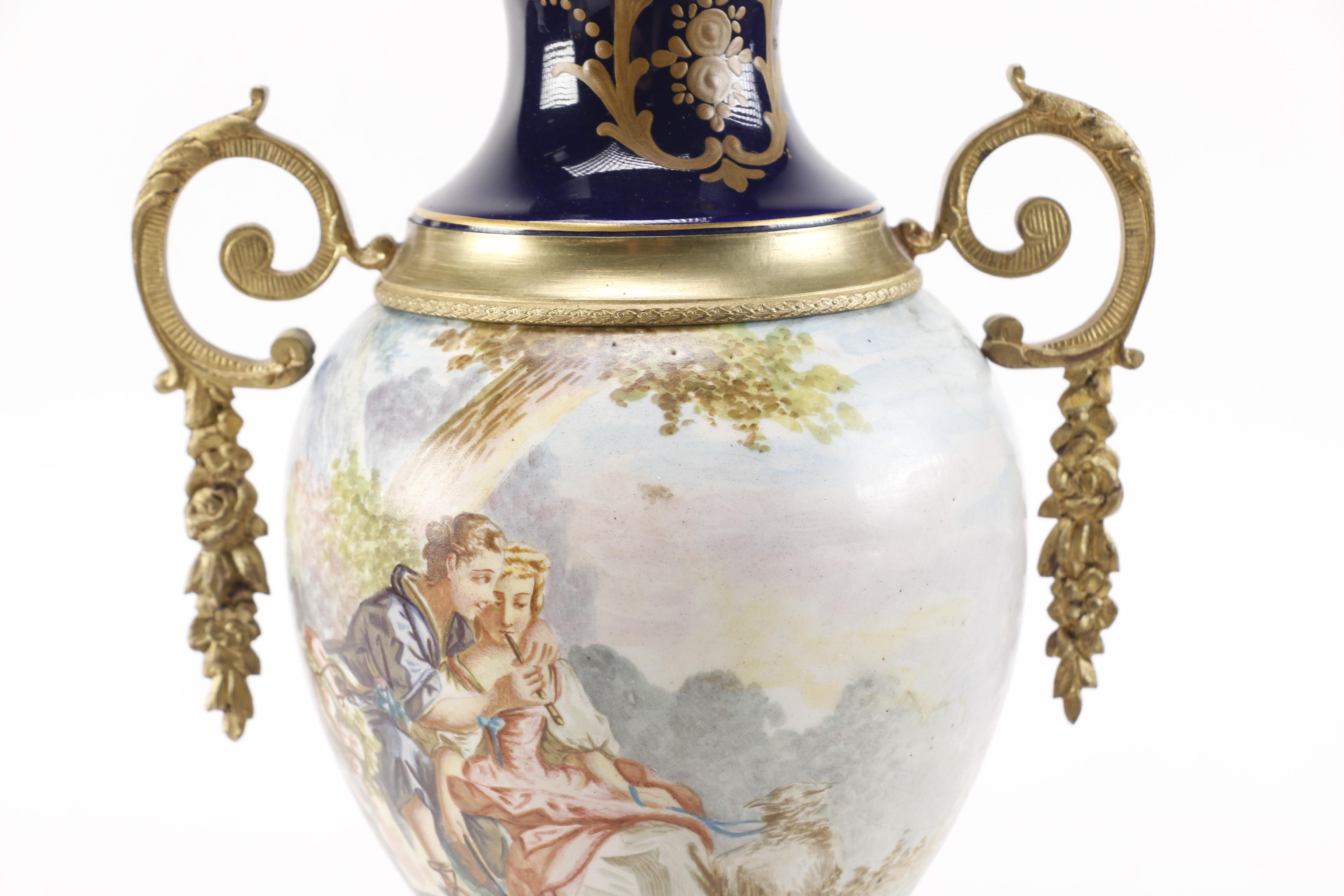Pair of Reproduction Mounted Hand-Painted Porcelain French Urns