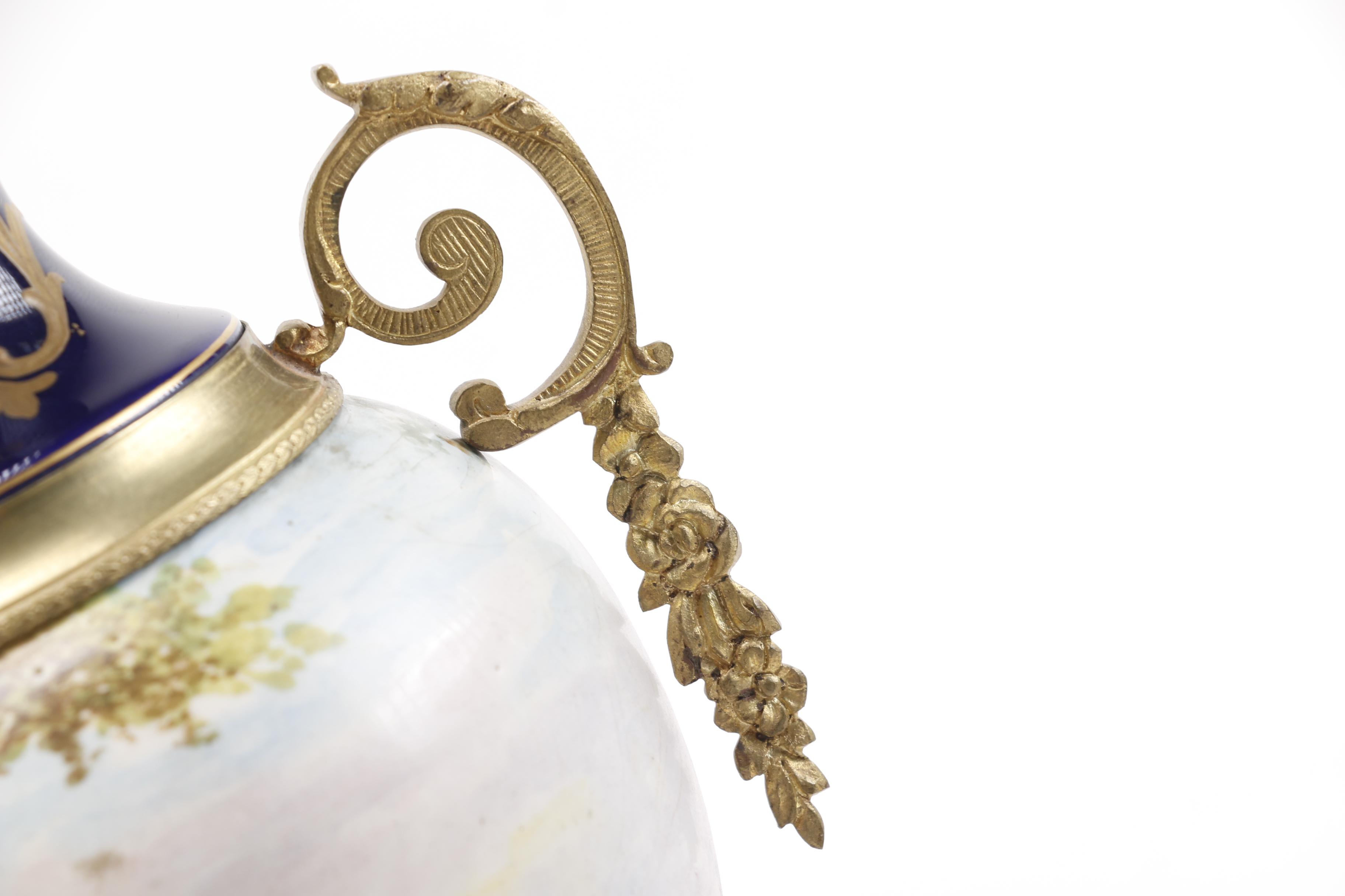 Pair of Reproduction Mounted Hand-Painted Porcelain French Urns