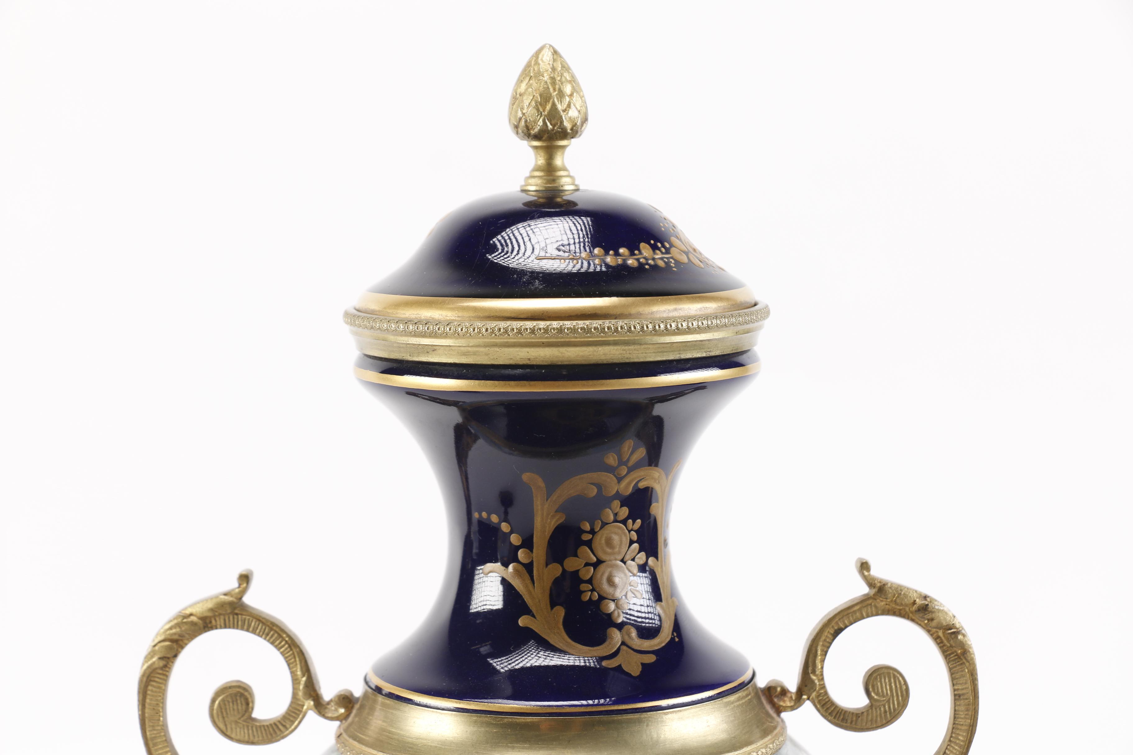 Pair of Reproduction Mounted Hand-Painted Porcelain French Urns