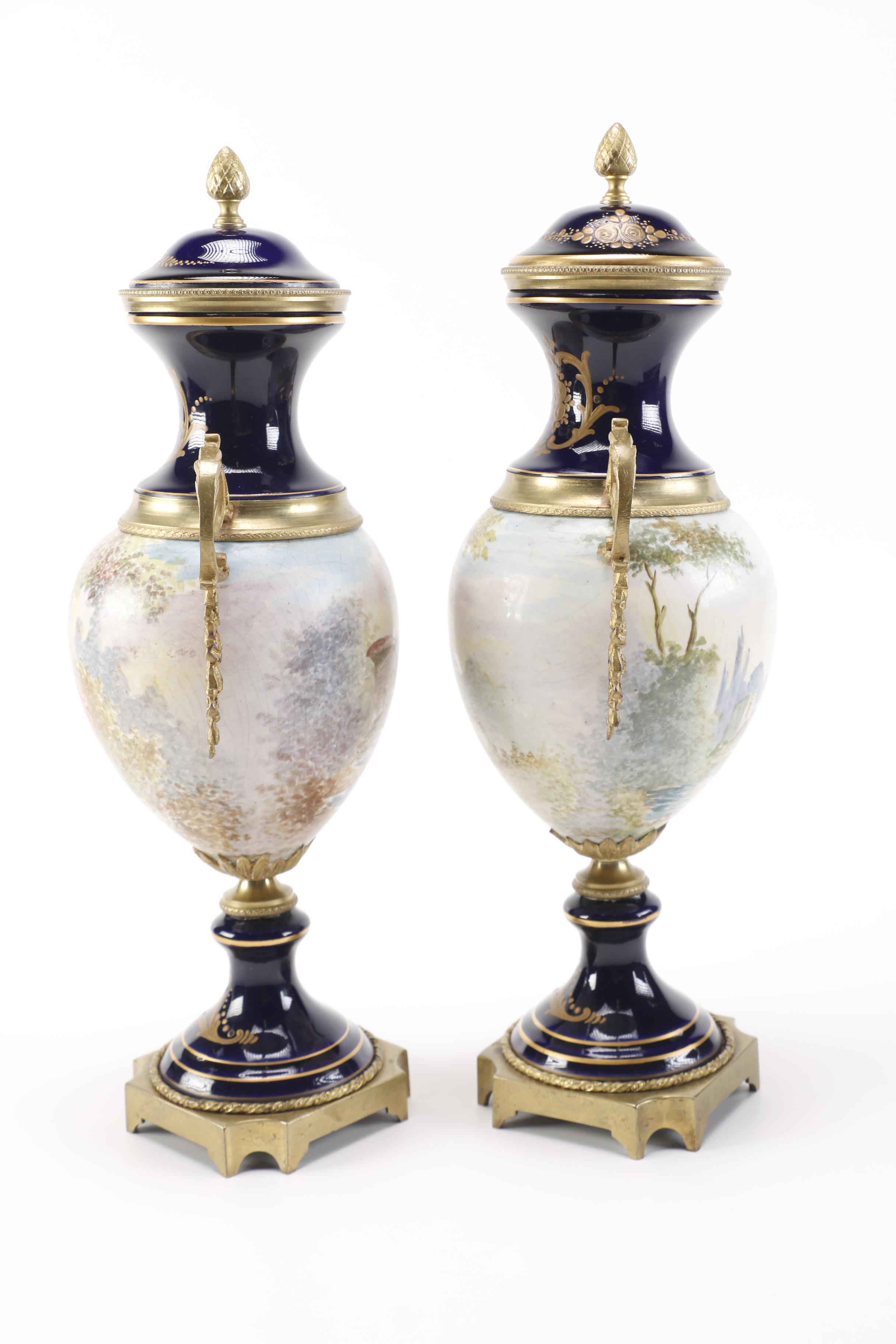 Pair of Reproduction Mounted Hand-Painted Porcelain French Urns