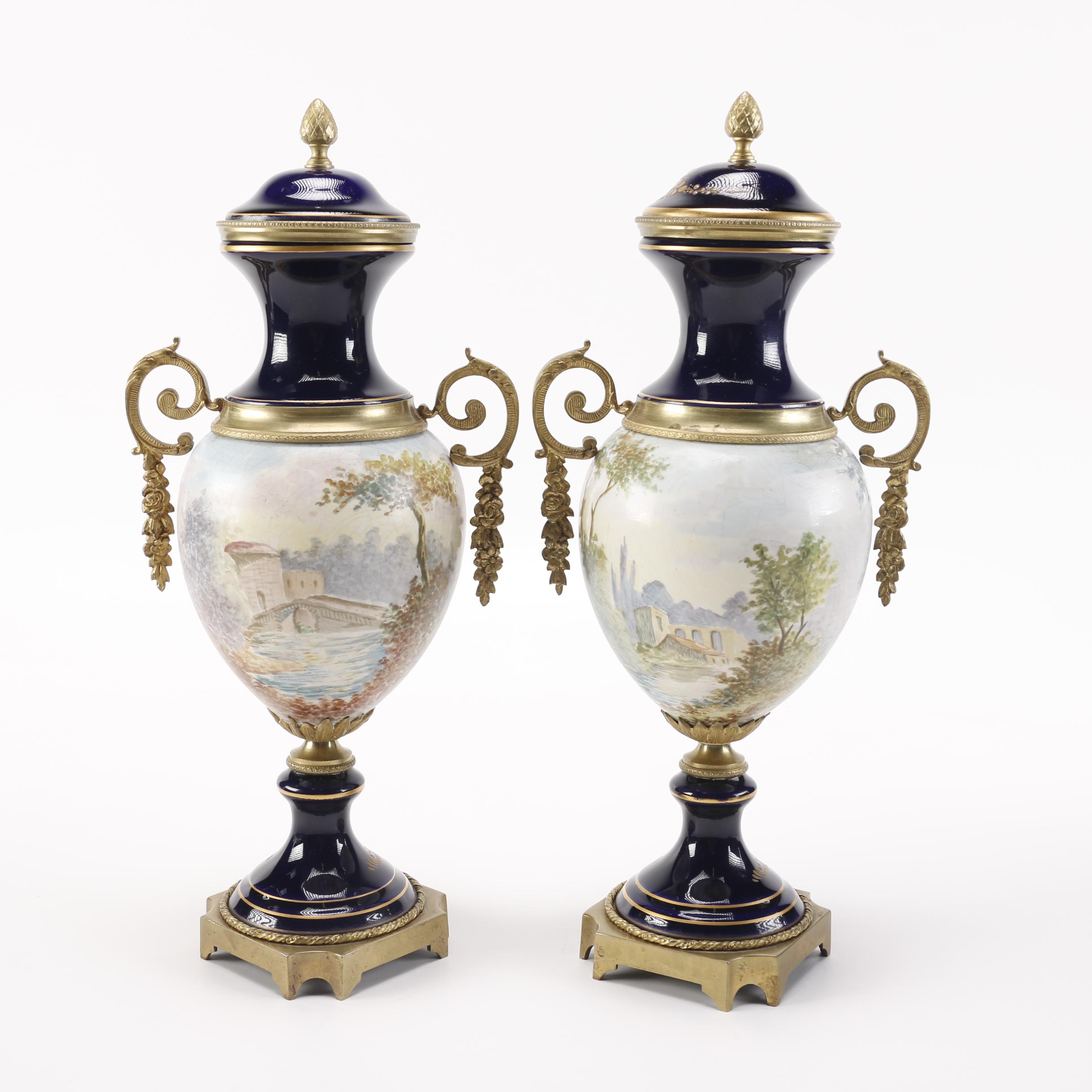 Pair of Reproduction Mounted Hand-Painted Porcelain French Urns