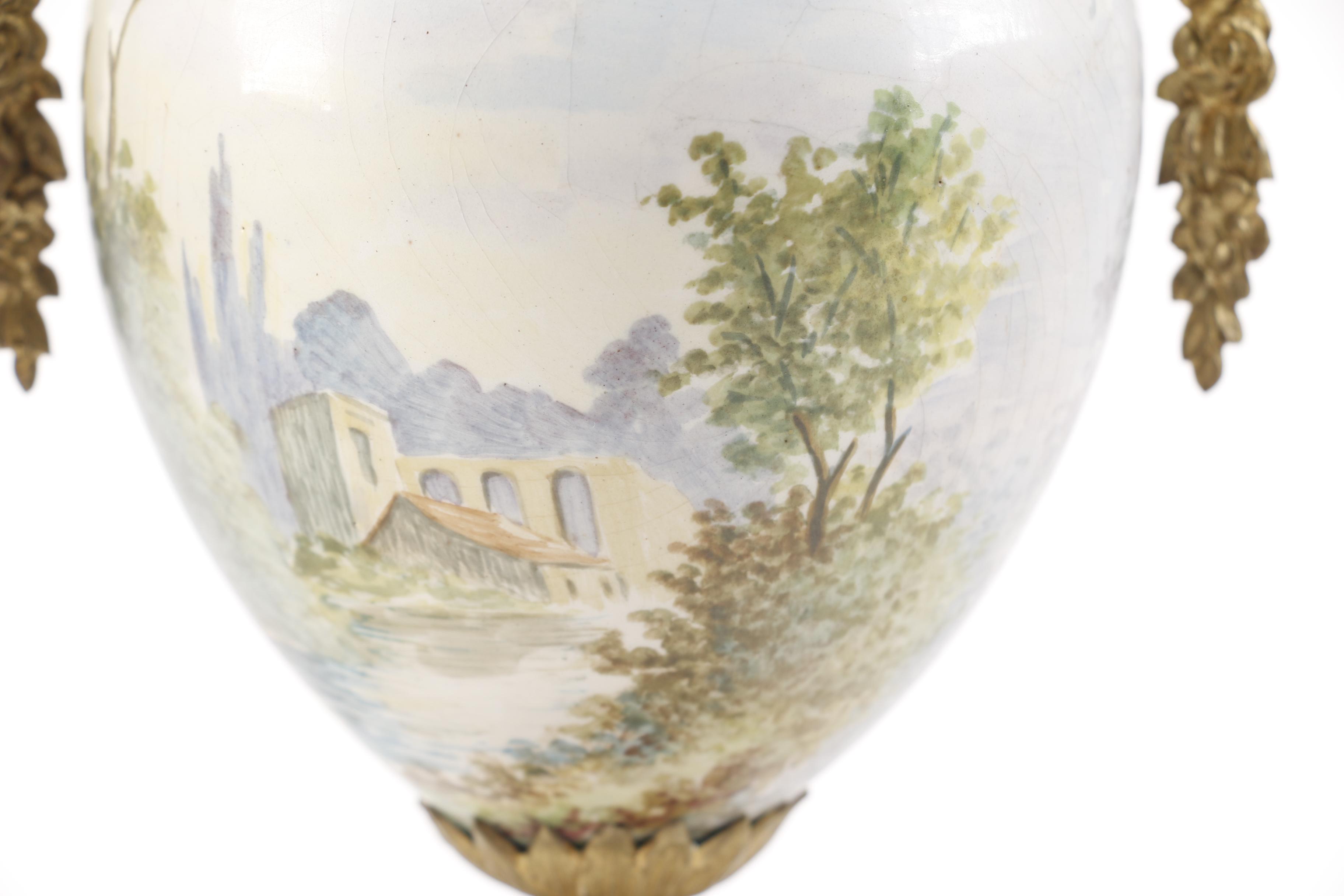 Pair of Reproduction Mounted Hand-Painted Porcelain French Urns