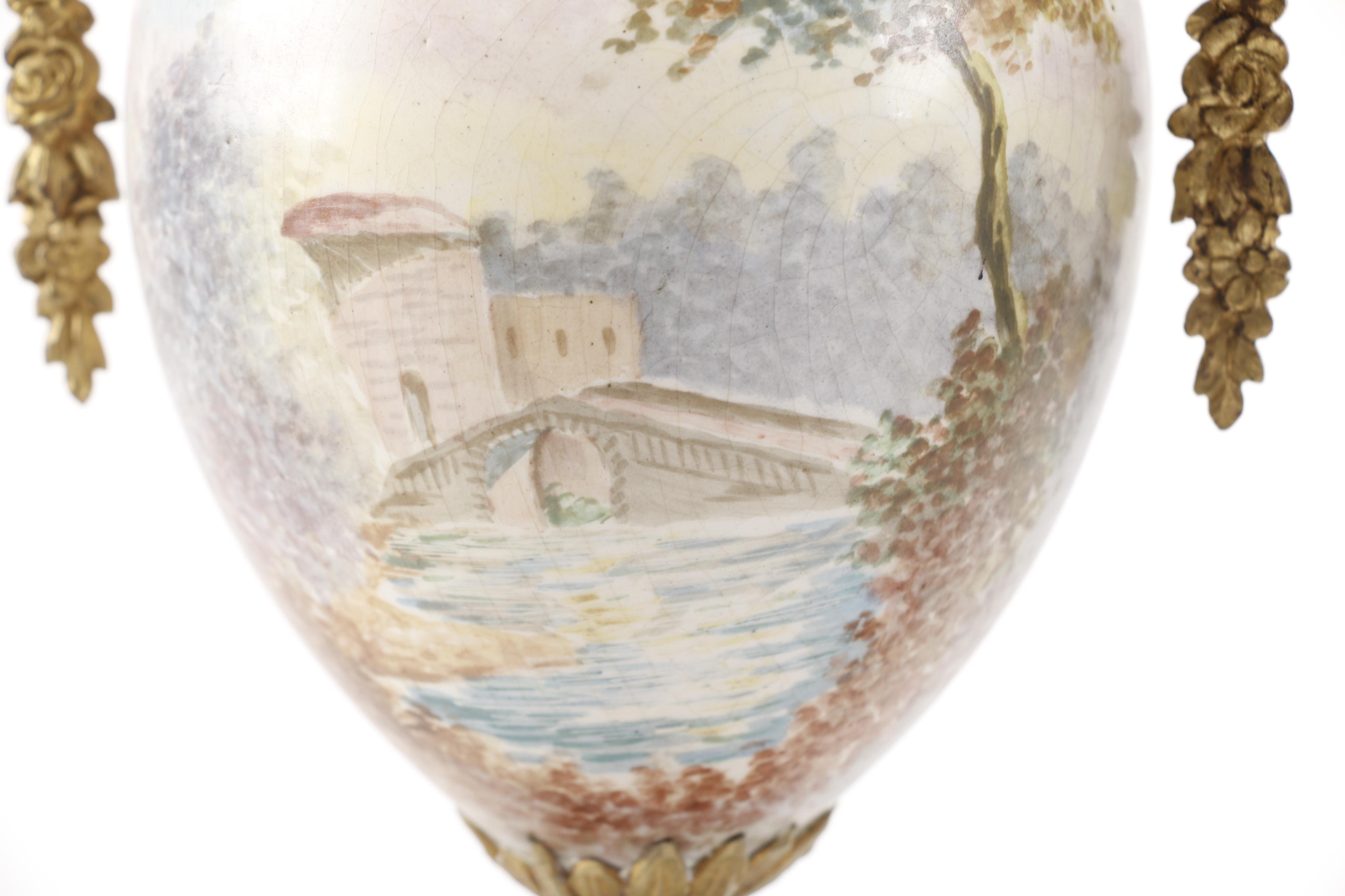 Pair of Reproduction Mounted Hand-Painted Porcelain French Urns