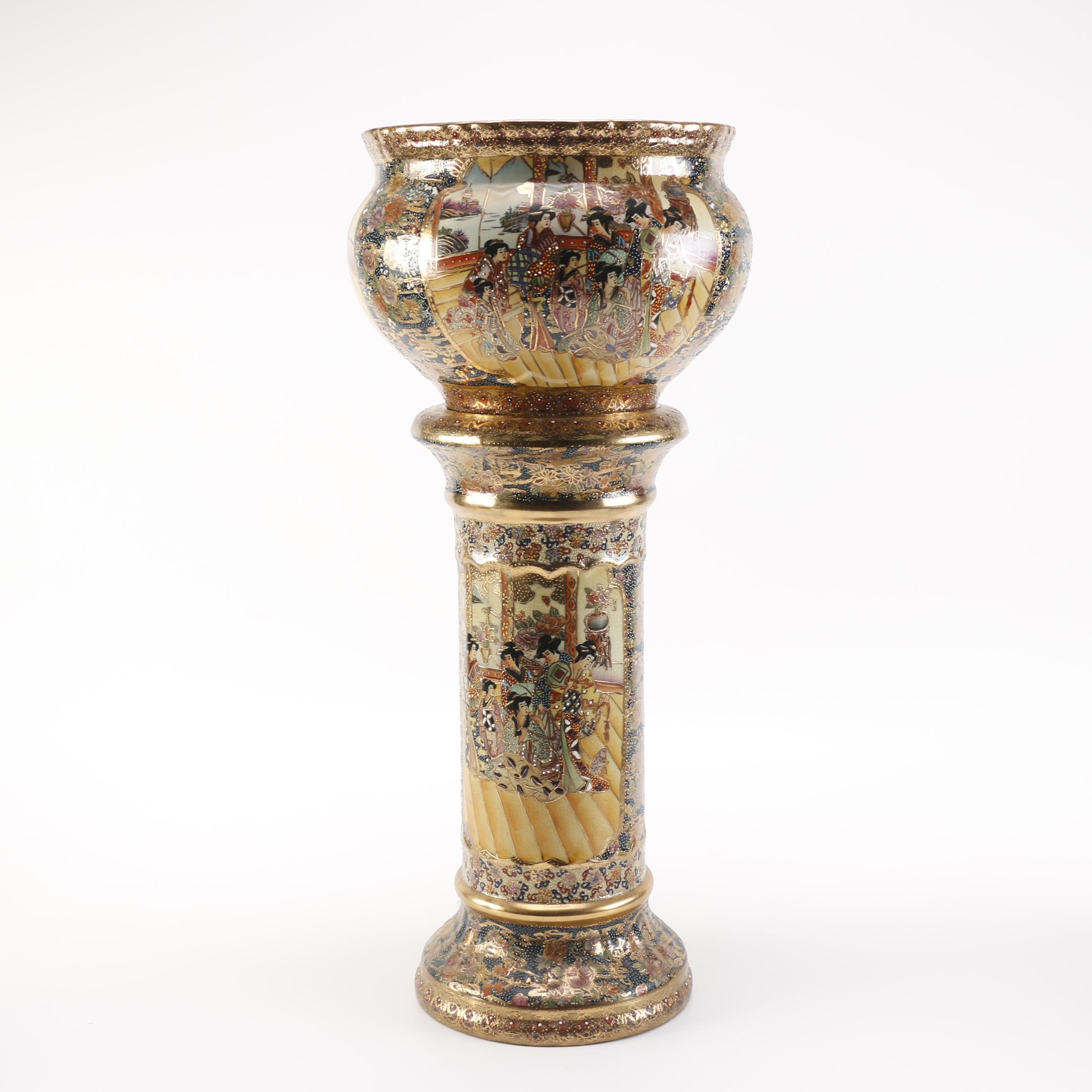 Chinese Satsuma Style Fishbowl Jardinière and Pedestal