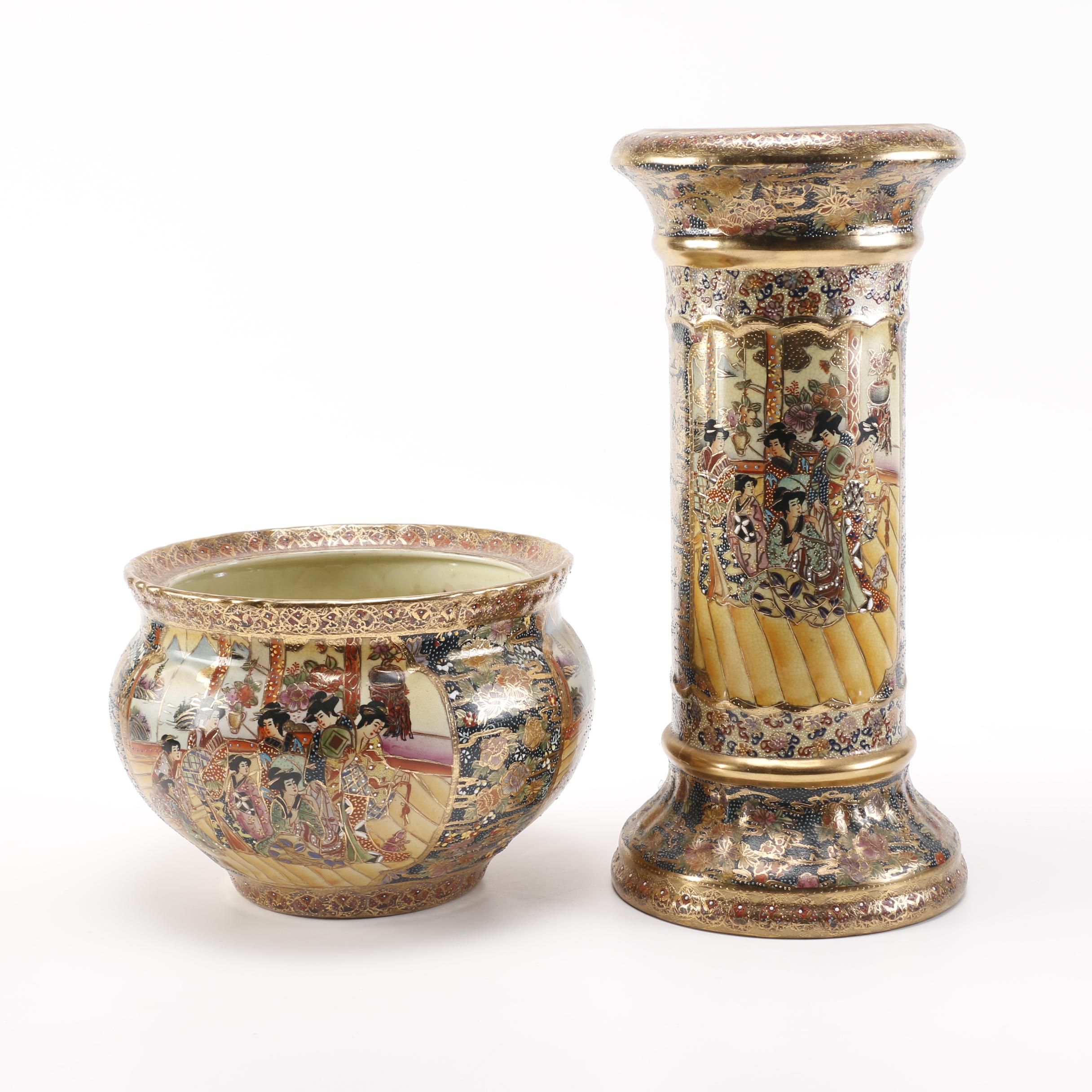 Chinese Satsuma Style Fishbowl Jardinière and Pedestal
