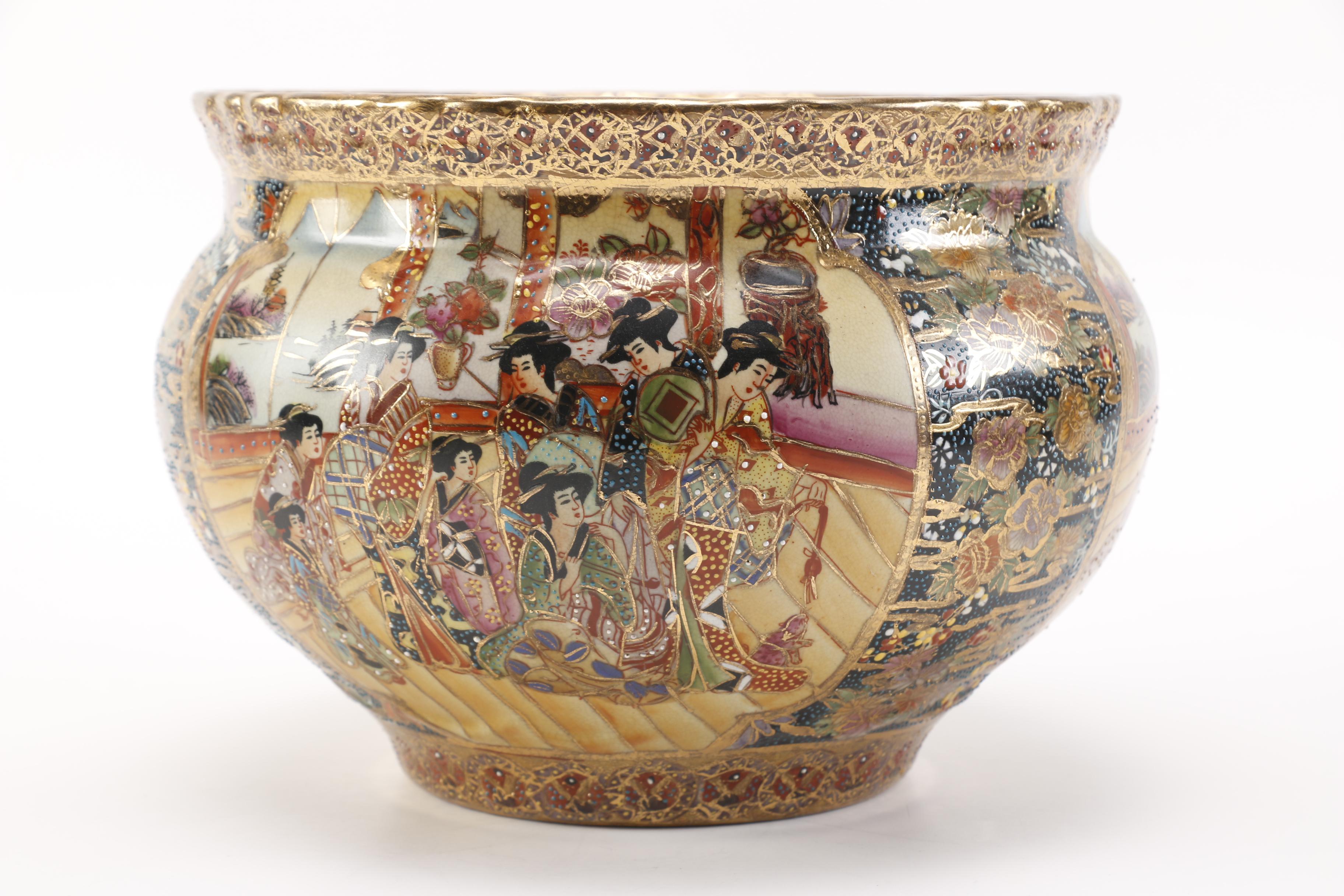 Chinese Satsuma Style Fishbowl Jardinière and Pedestal