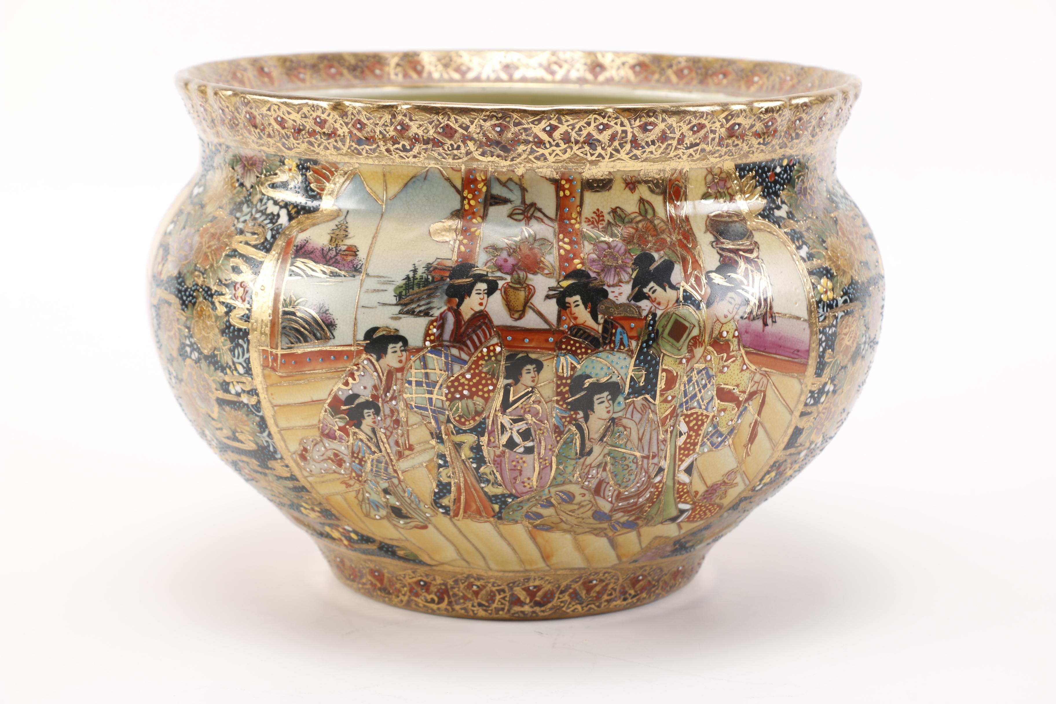 Chinese Satsuma Style Fishbowl Jardinière and Pedestal