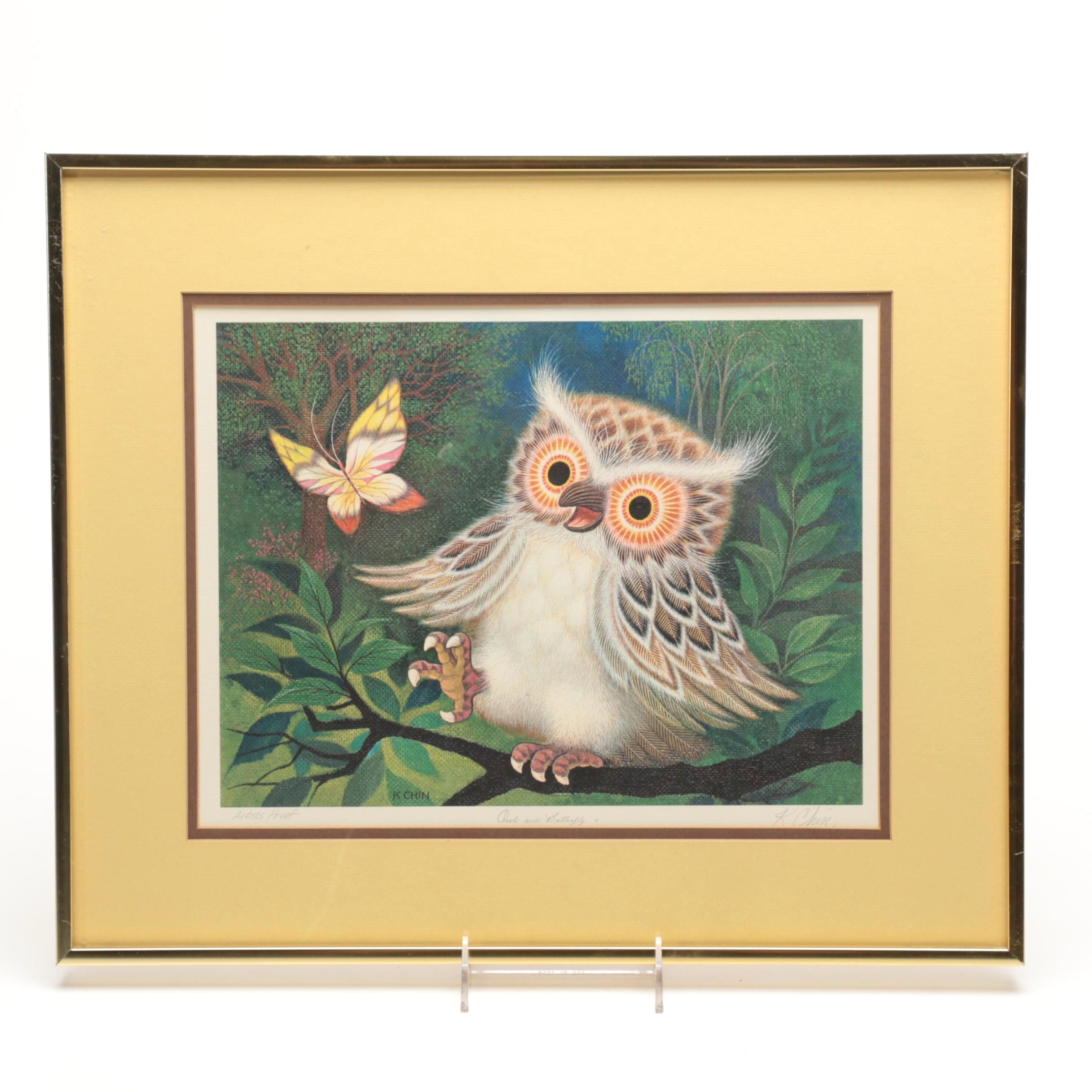K. Chin Limited Edition Offset Lithograph "Owl and Butterfly"