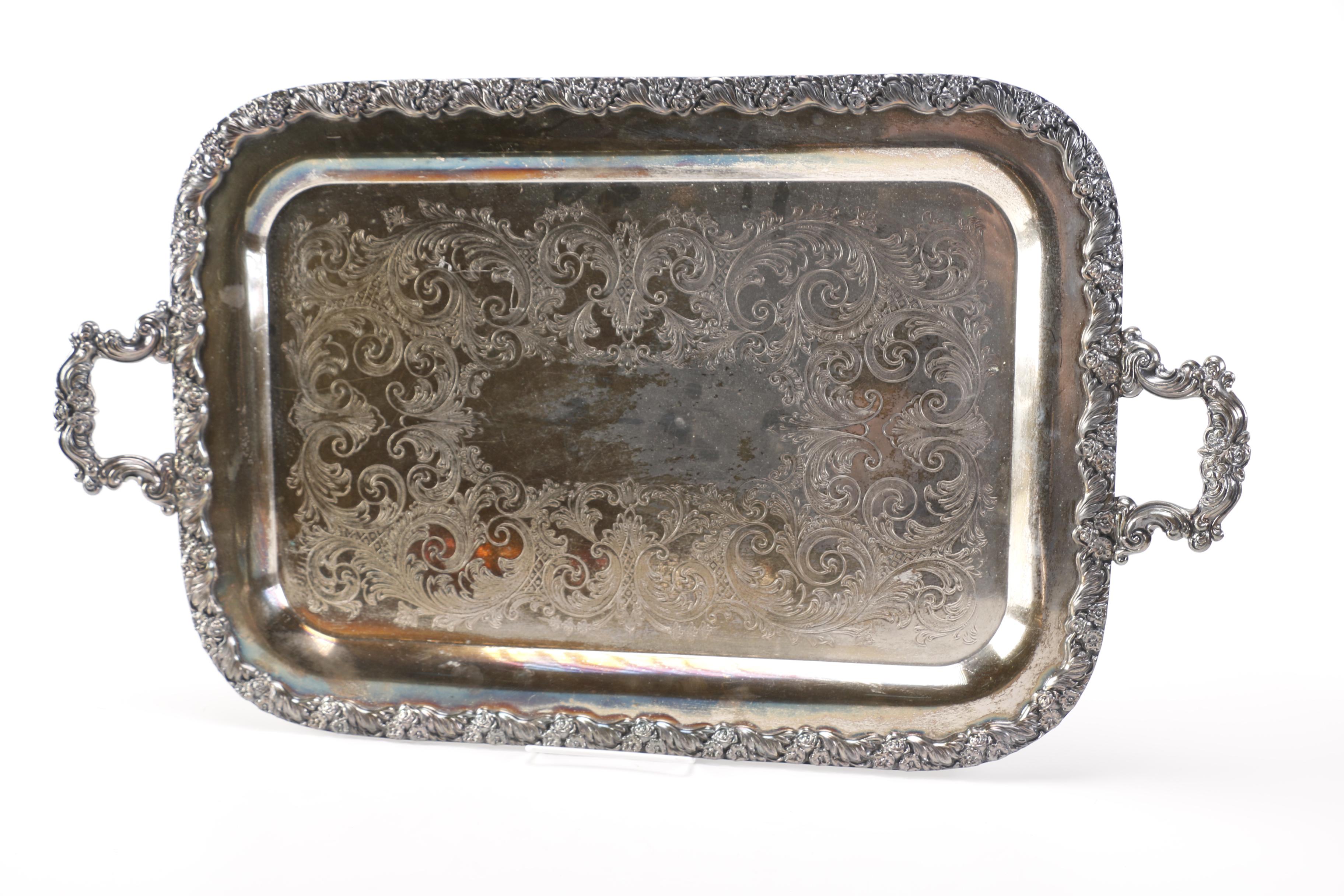 Silver Plate Foliate Footed Waiter Trays Featuring the National Silver Co.