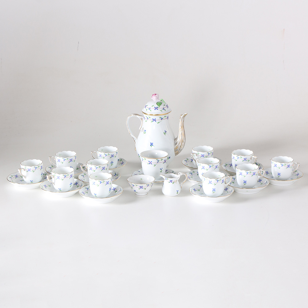 Herend from Hungary Complete Demitasse Set for Twelve in the "Blue Garland" Pattern
