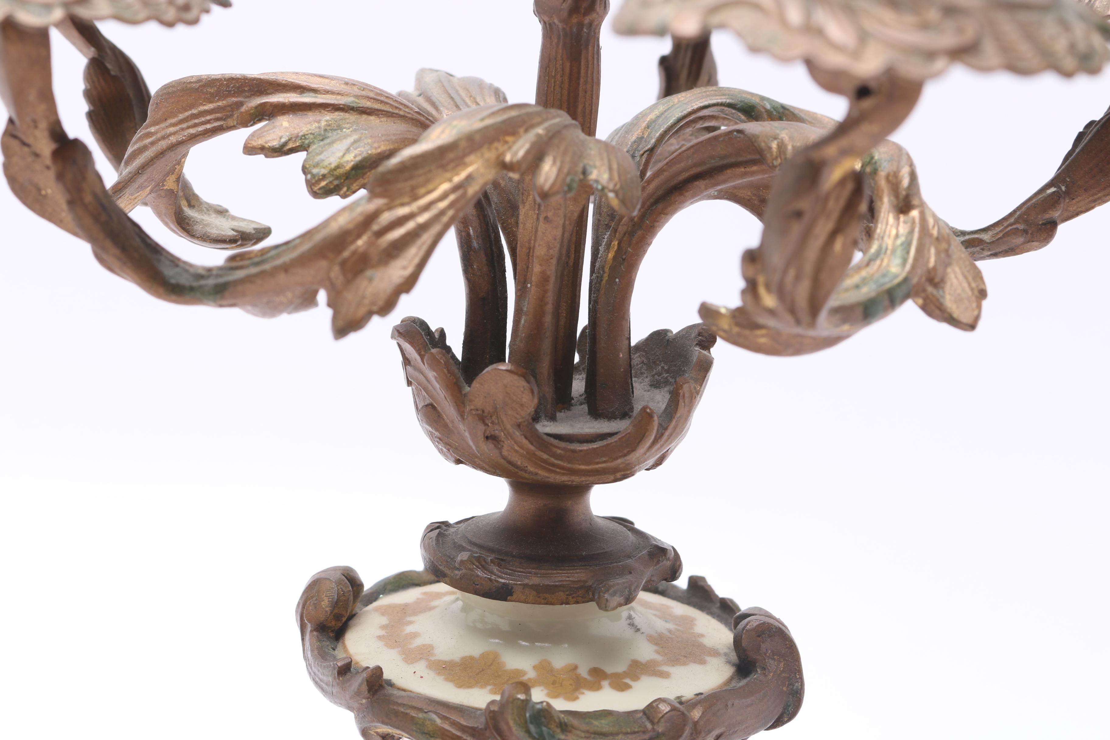 Pair of Provincial-Style Metal and Porcelain Candelabra